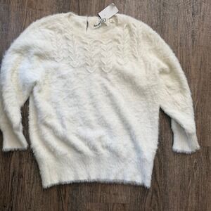 Rosie Neira Fuzzy Eyelash Knit Sweater Cream White Cable Detail Keyhole Large